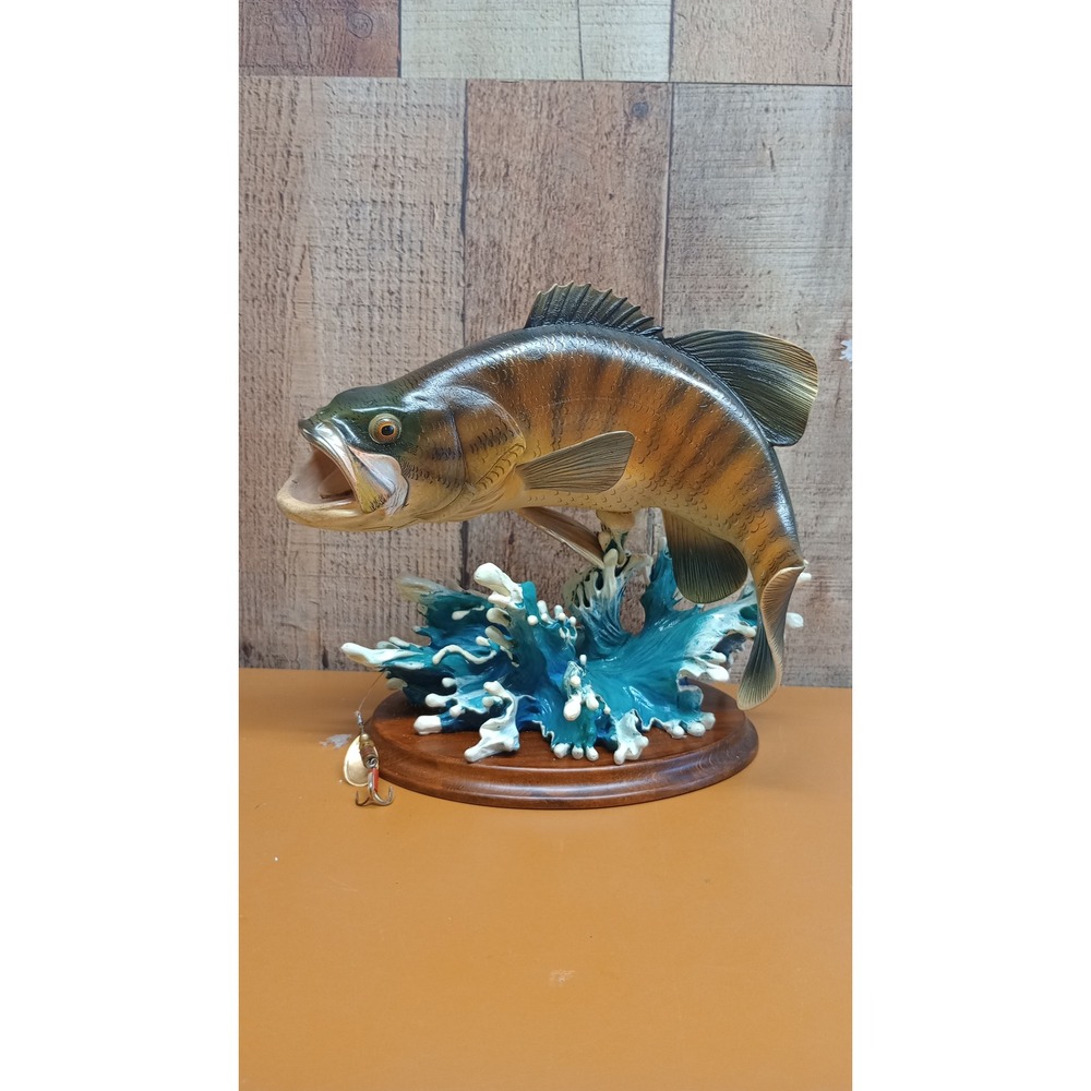 Largemouth Bass Fish Sculpture Leaping Water Wood Base Figurine Cabin Decor